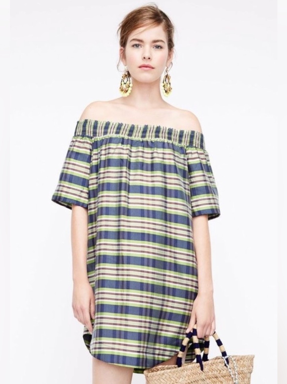 J. Crew 100%  silk Madras off the shoulder green plaid/madras dress NWT